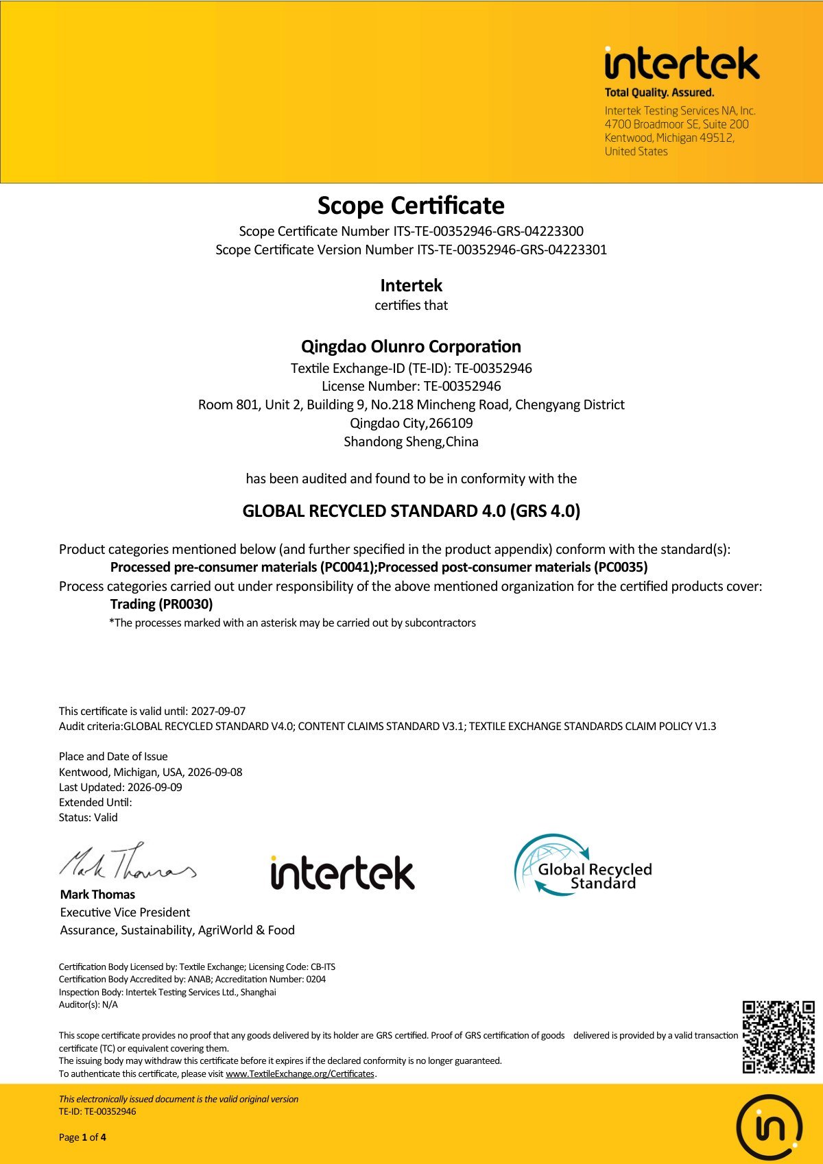 GRS 4.0 Scope Certificate ITS-TE-00352946 issued by Intertek to Qingdao Olunro Corporation